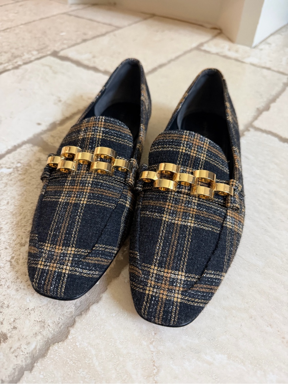 Veronica Beard Plaid Gold-Chain Women’s Loafers
